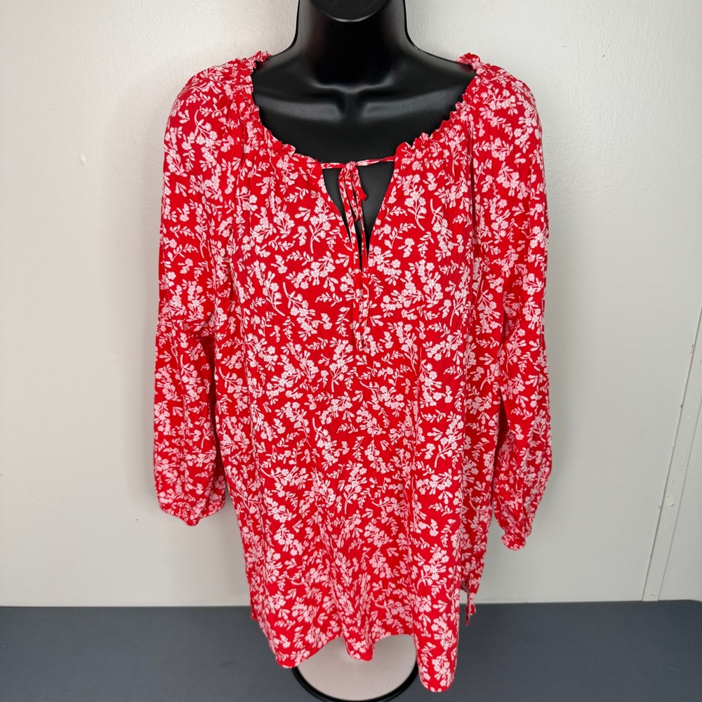Loft Blouse Womens XL Red White Floral Ruffle Tie Front Long Sleeve Peasant Top